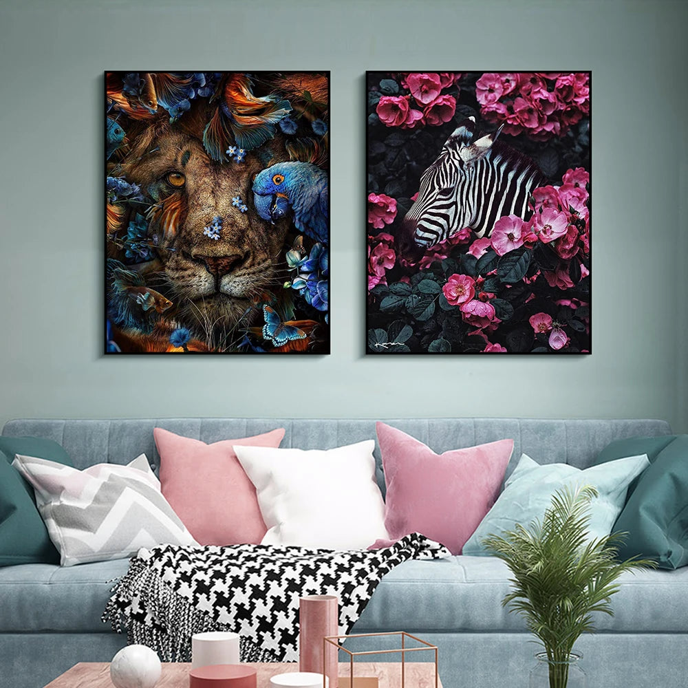 Scandinavian Art-Deco Prints Flower/ Animal. Abstract Canvas Nordic Wall Art Print.